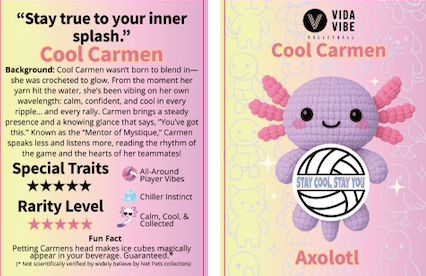 Vida Vibe Cool Carmen Axolotl card with text and design elements on a pink background